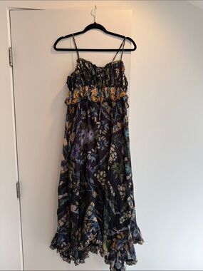 slim fit dress slacks Farm Rio Monstera Linen Midi Dress in Multi